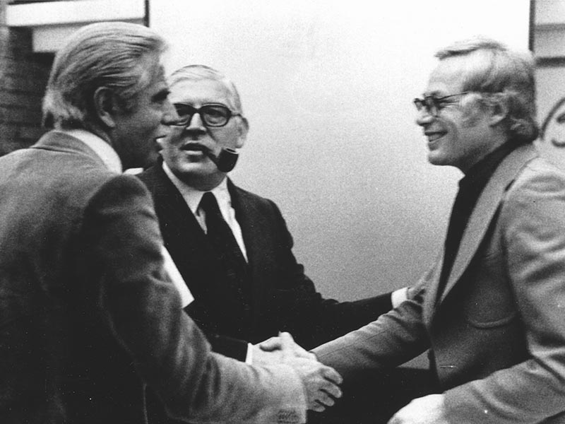Dieter Rams meets the Swedish designer Sigvard Bernadotte and a journalist during his lecture in Copenhagen, c 1960 © Braun/P&G