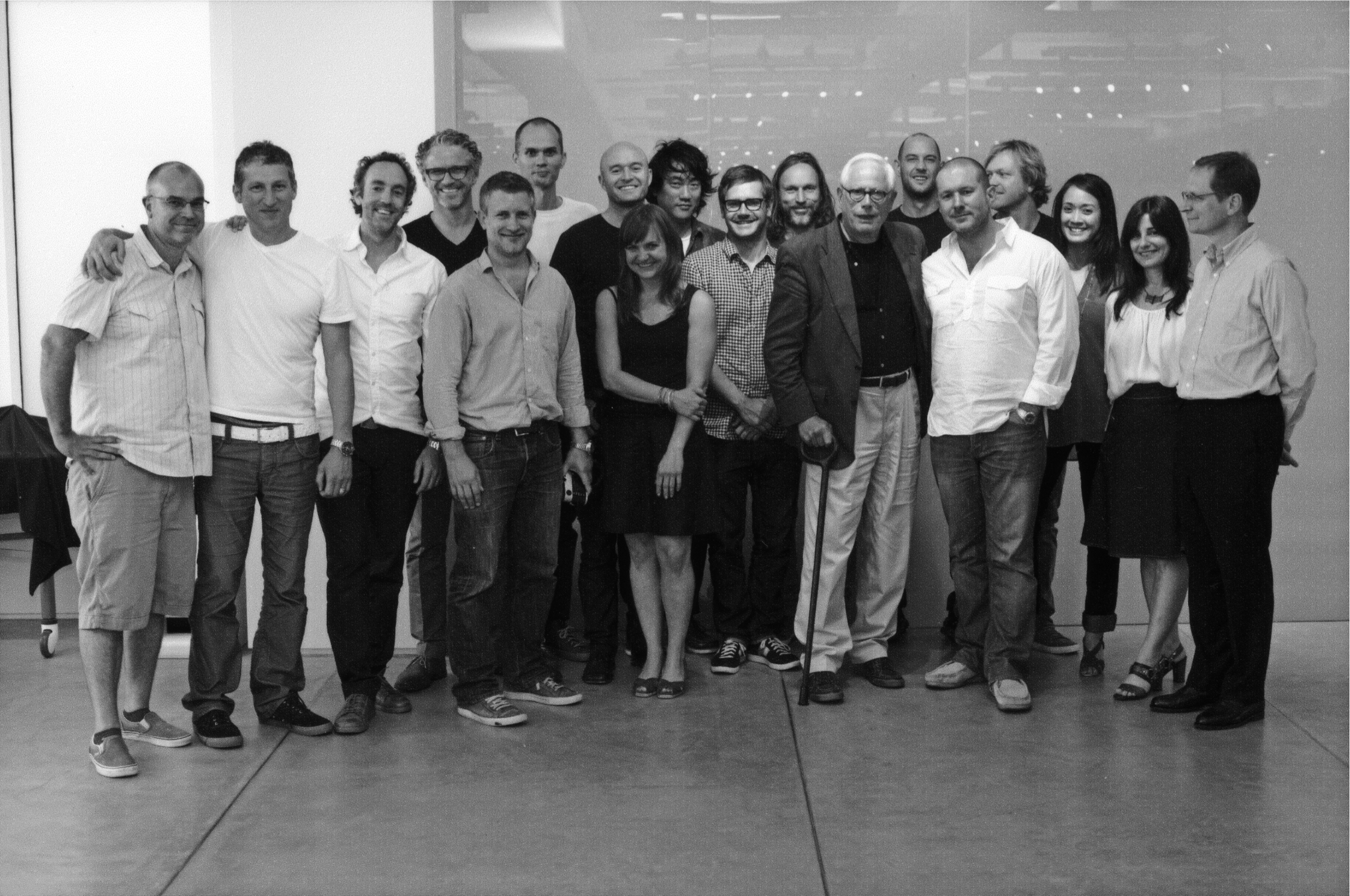 black and white picture of Dieter Rams visiting Apple